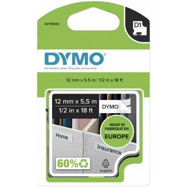 Dymo D1 tarrateippi 12 mm mu/va  pysyvä polyester | Euro Toimistotukut Oy